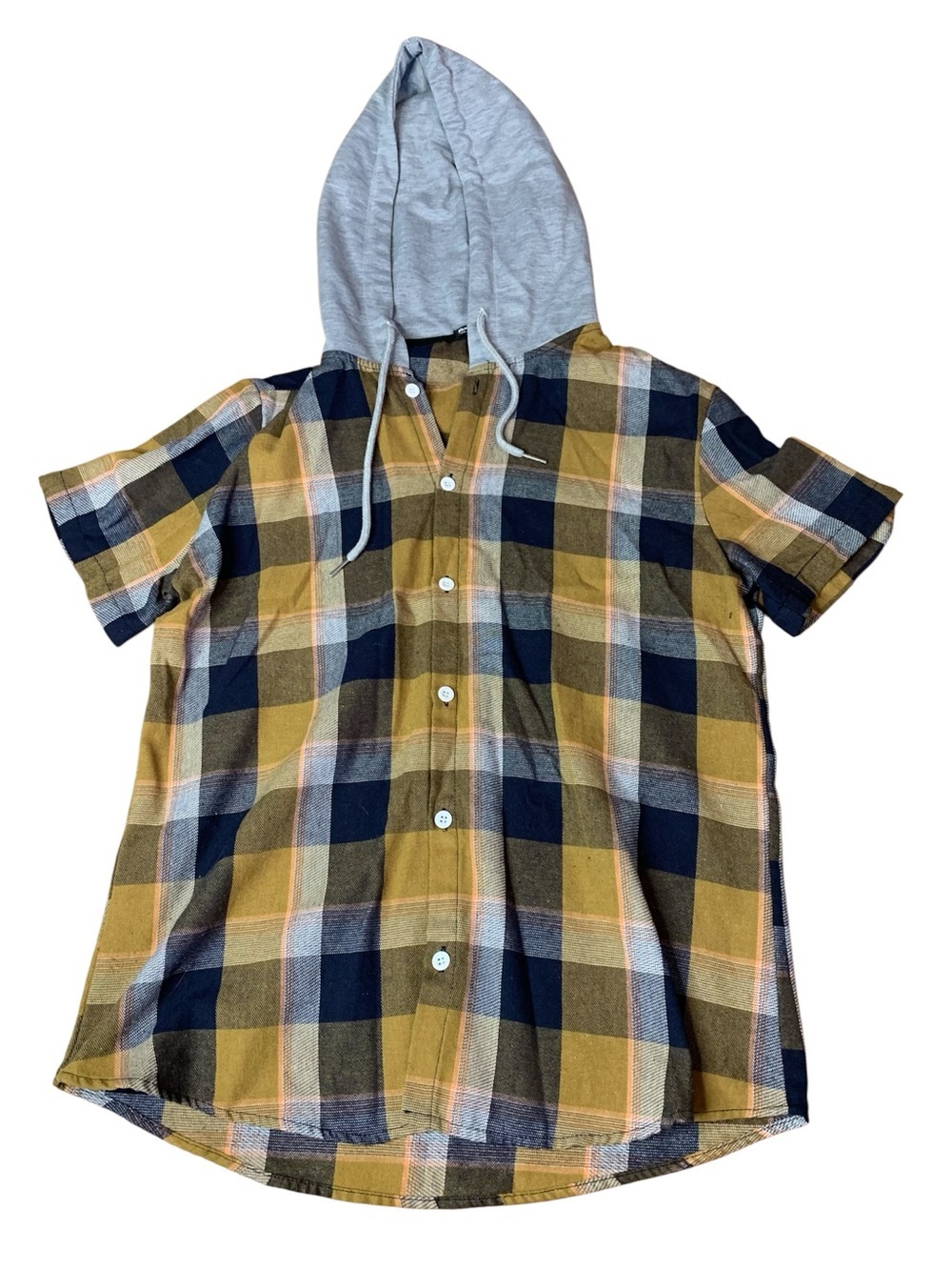 Romwe Plaid Short Sleeve Hooded Button-Down Shirt - Size Small